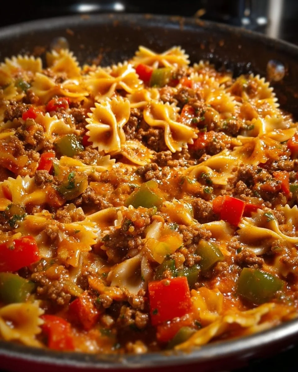 Delicious Stuffed Pepper Pasta Skillet with vibrant bell peppers and pasta