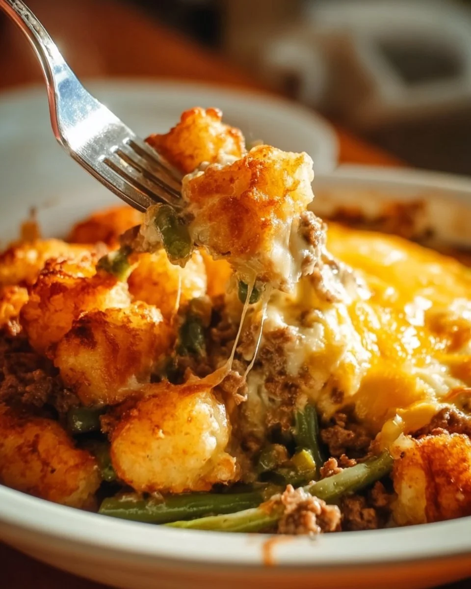 Delicious Tater Tot Hamburger Green Bean Casserole in a baking dish