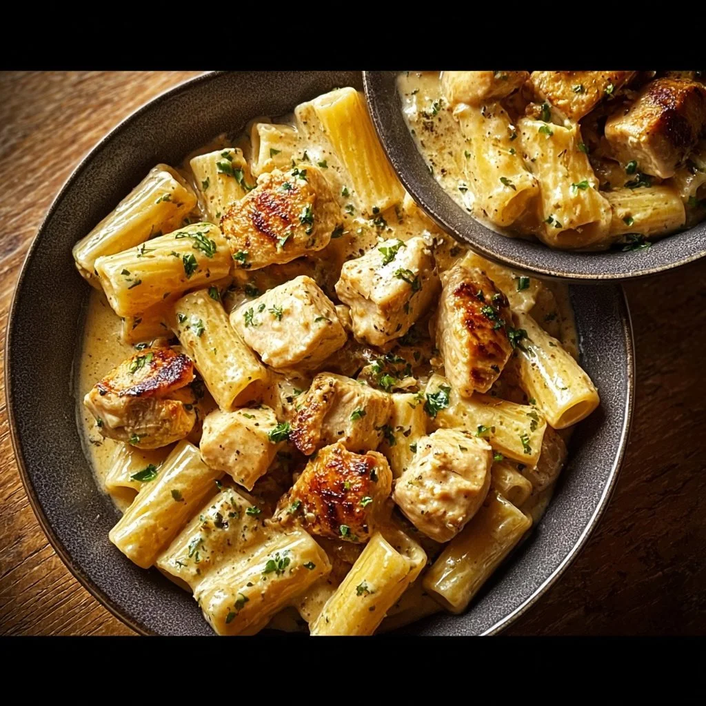Creamy Garlic Butter Chicken and Rigatoni in Parmesan Sauce