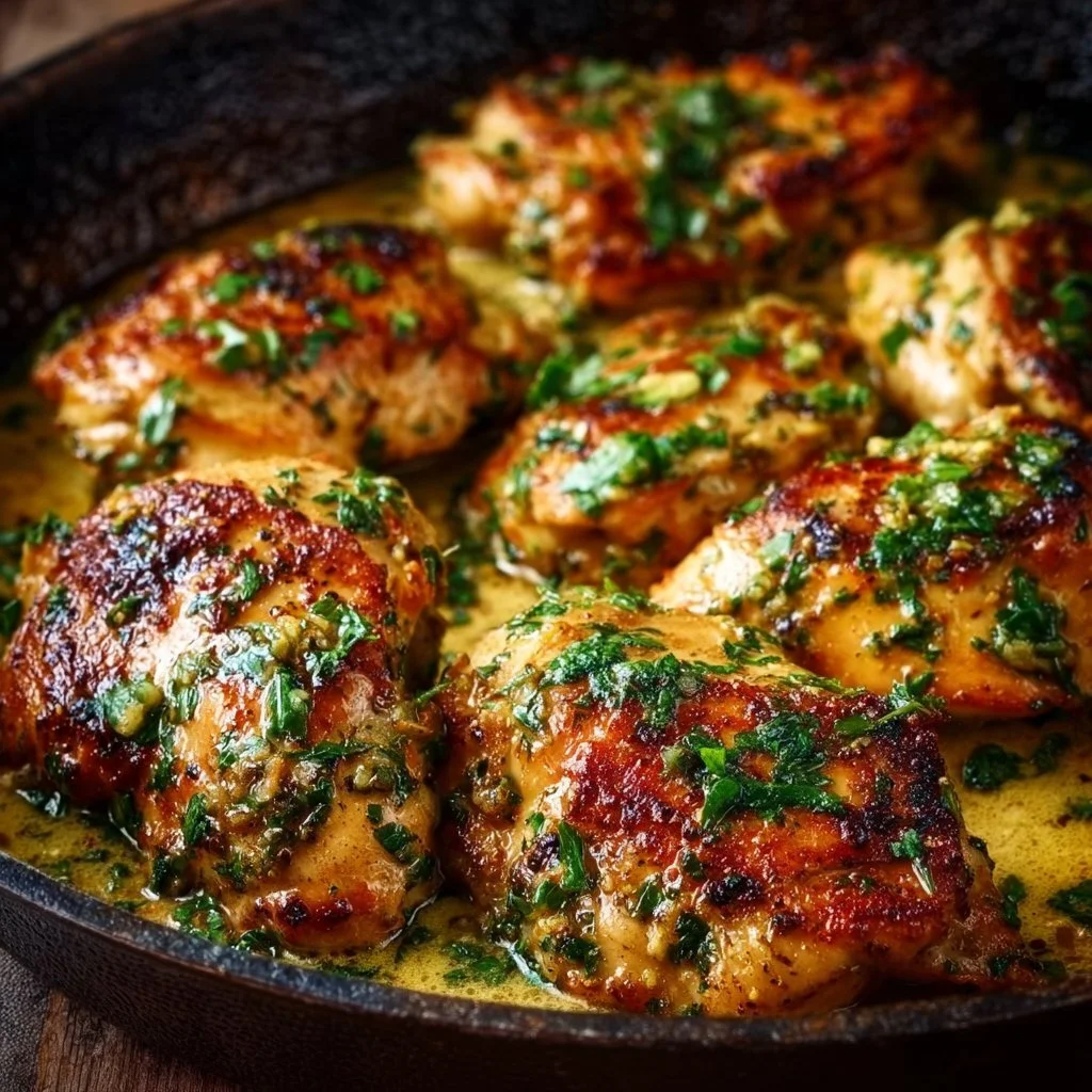 Delicious Garlic Butter Chicken served with fresh herbs and side dishes
