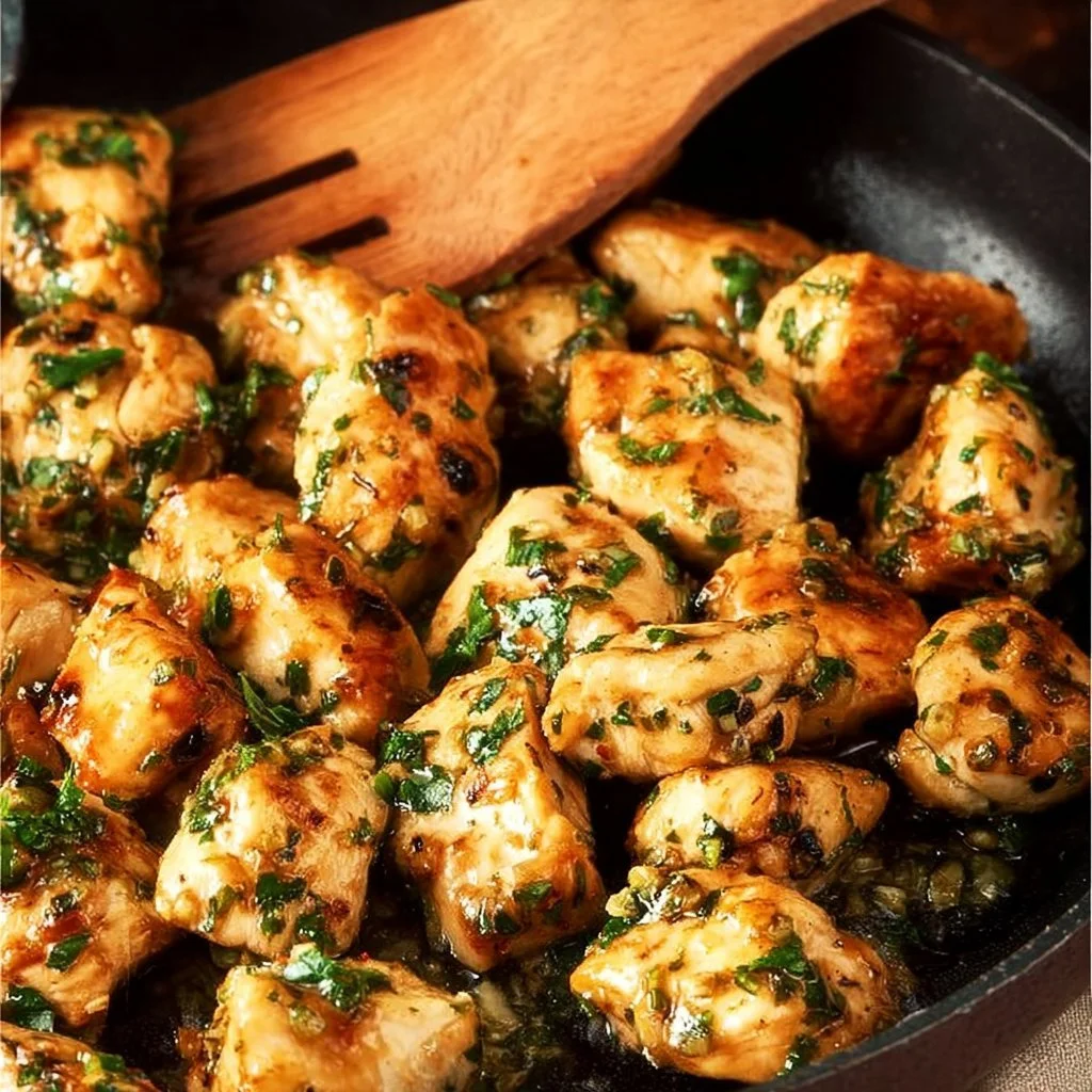 Garlic Butter Chicken Bites served on a plate with herbs