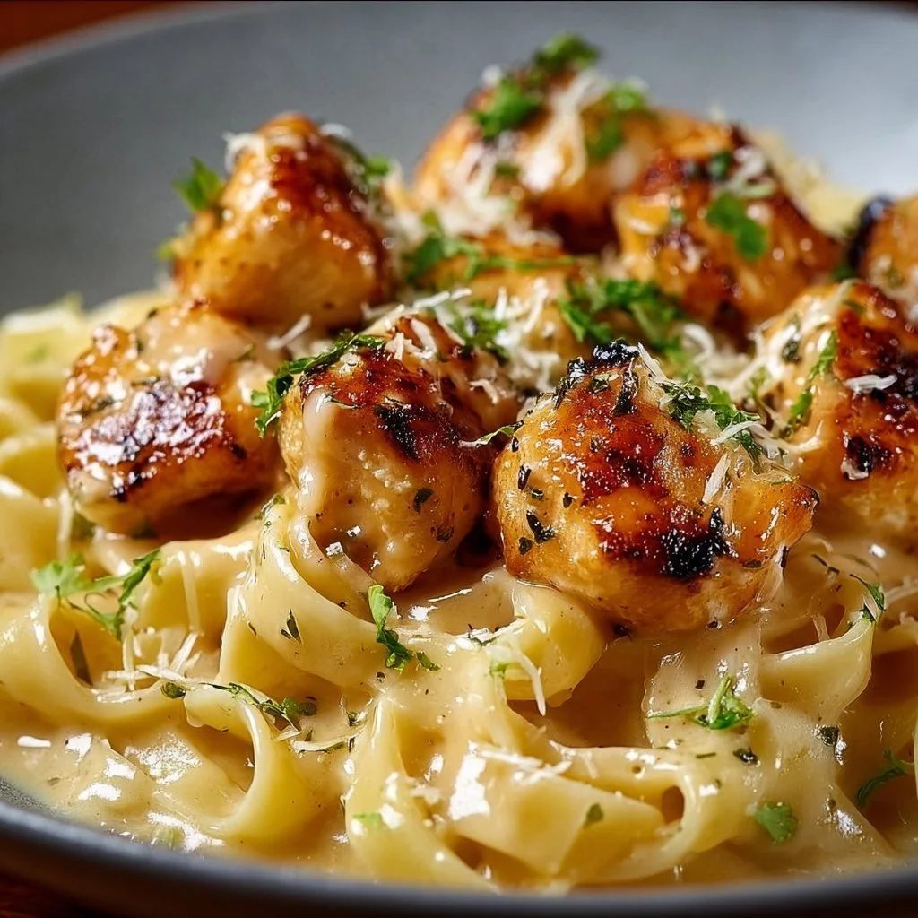 Delicious Garlic Butter Chicken bites served with creamy Parmesan pasta.