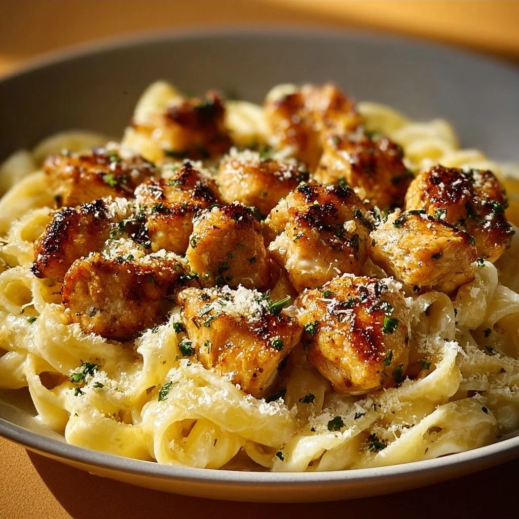 Delicious Garlic Butter Chicken bites served with creamy Parmesan pasta.