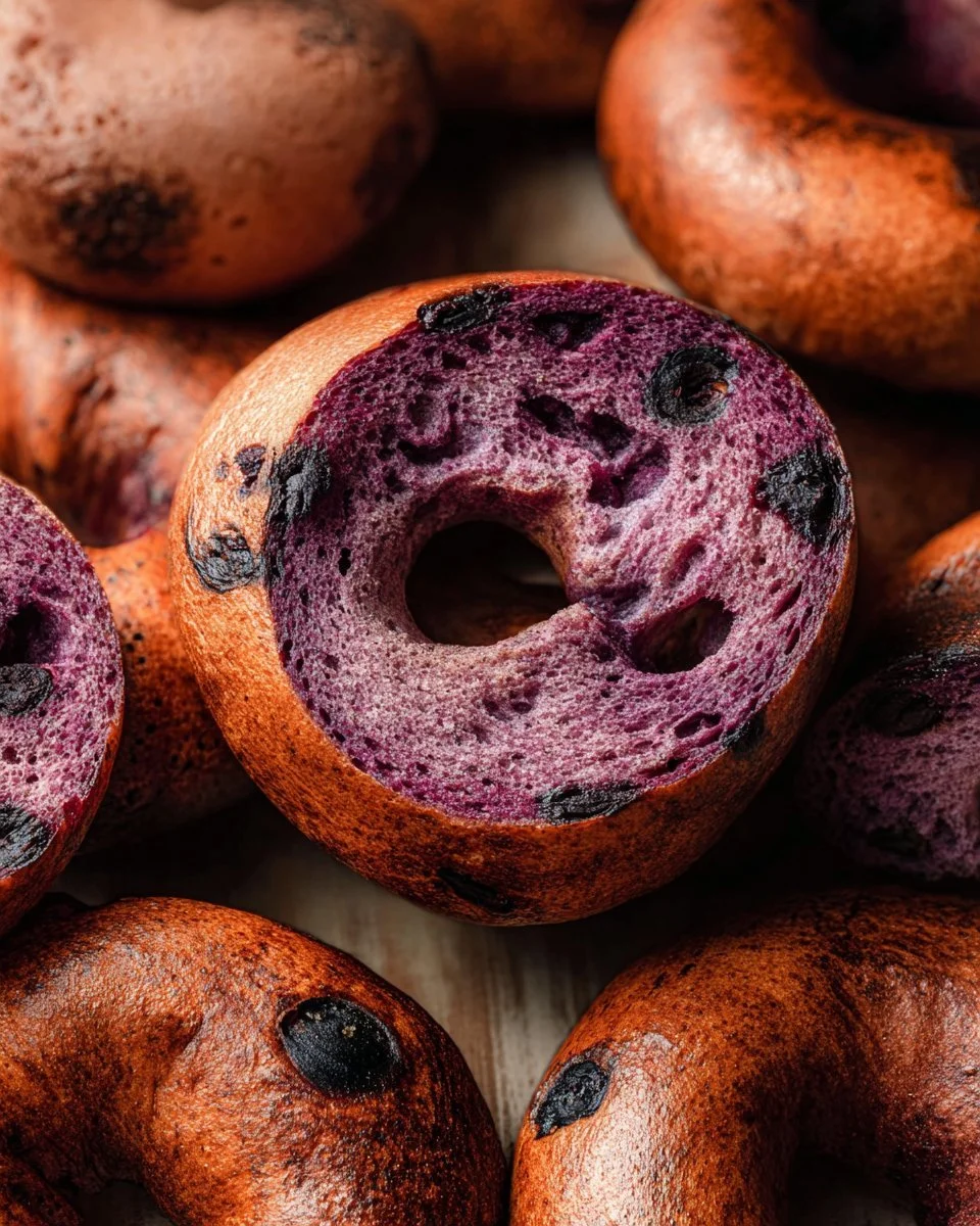 Freshly baked homemade blueberry bagels on a wooden table