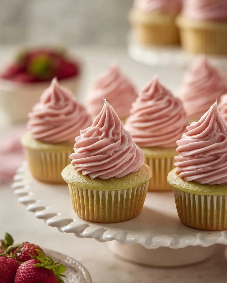 Pistachio Strawberry Cupcakes decorated with fresh strawberries and nuts