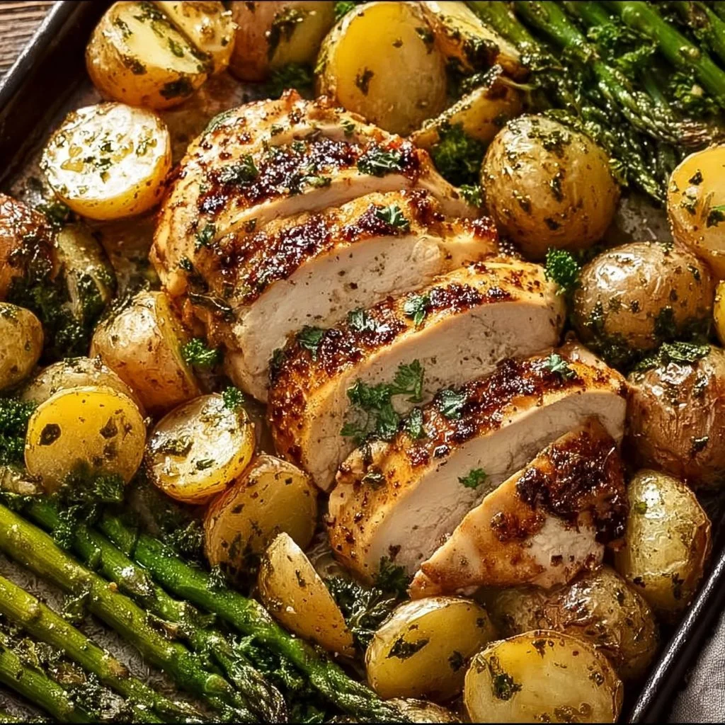 Sheet pan garlic butter chicken with mixed veggies ready to serve