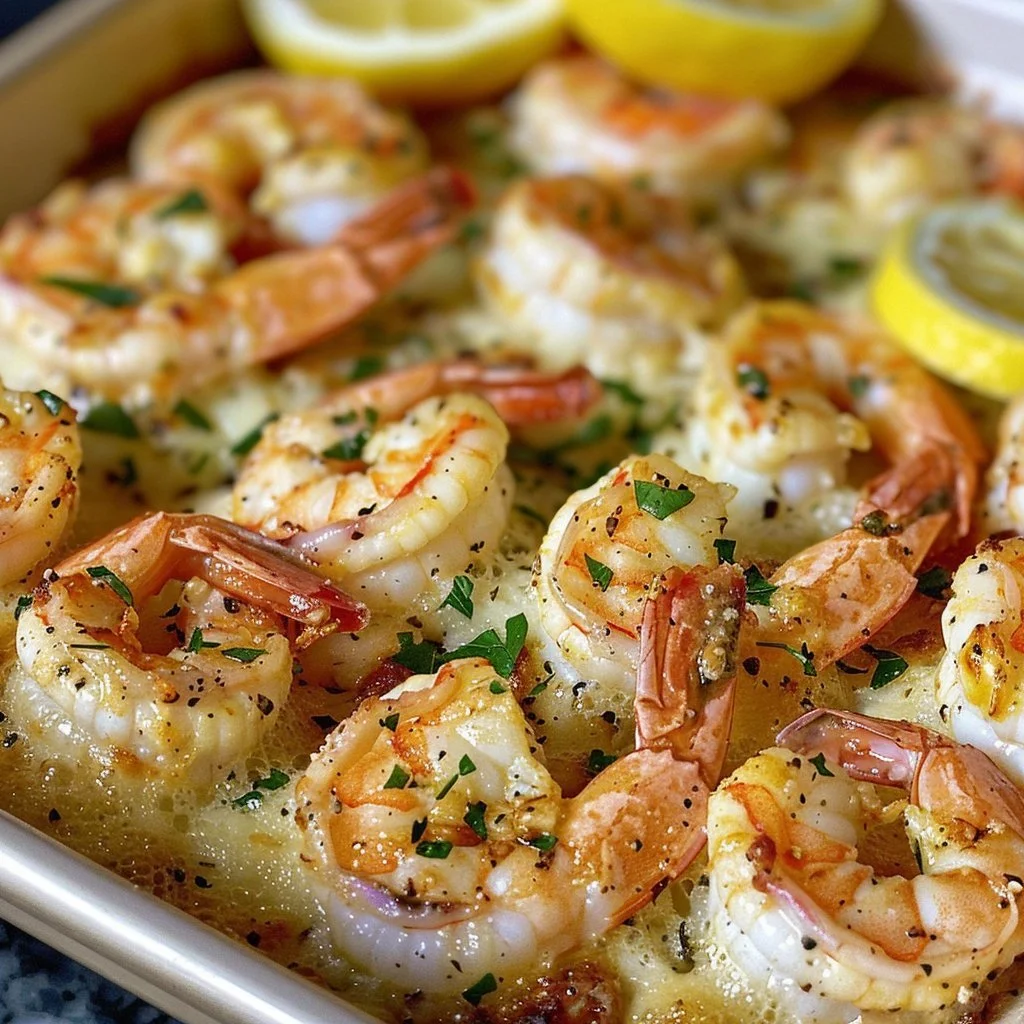 Baked Garlic Parmesan Shrimp served in a dish garnished with parsley.