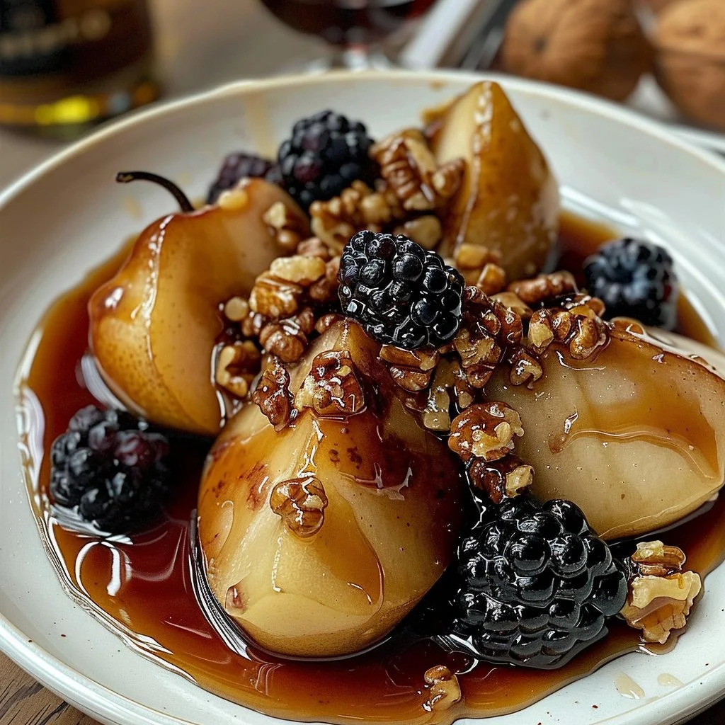 Delicious baked pears topped with honey and walnuts on a white plate