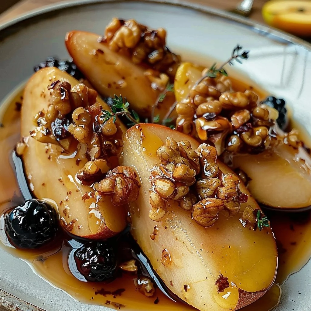 Baked pears drizzled with honey and topped with walnuts
