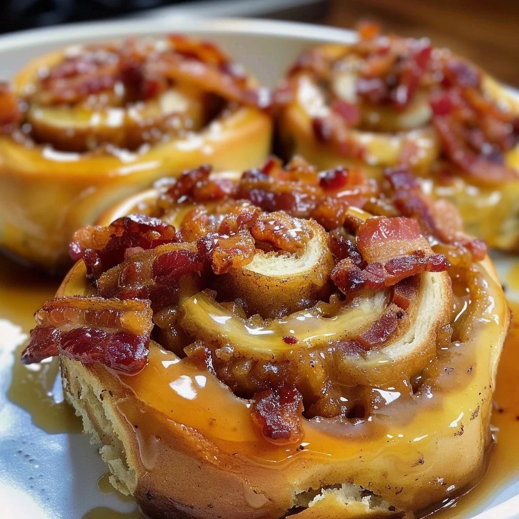 Bourbon maple bacon cinnamon rolls fresh out of the oven, topped with glaze.