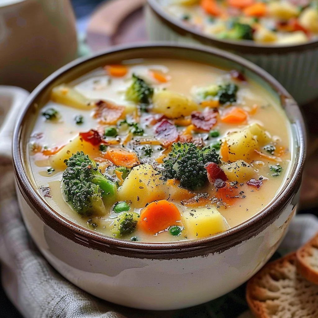 Bowl of creamy broccoli potato soup garnished with fresh herbs