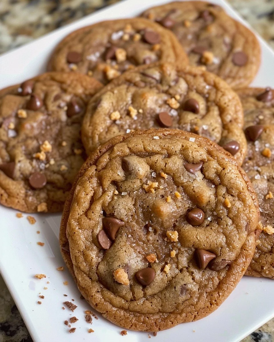 Delicious brown butter espresso toffee chocolate chip cookies on a baking sheet