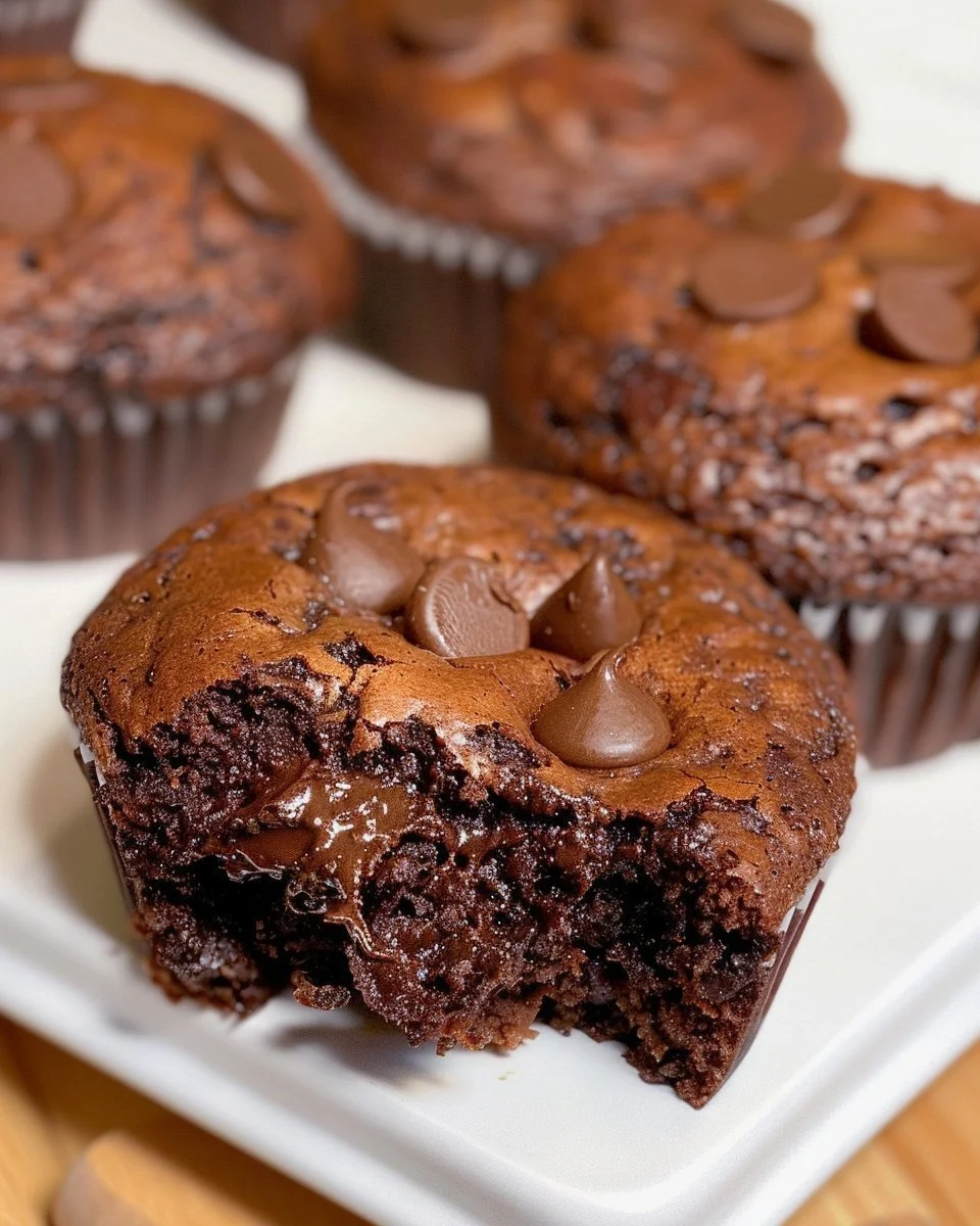 Delicious brownie muffins topped with chocolate chips and served on a plate.