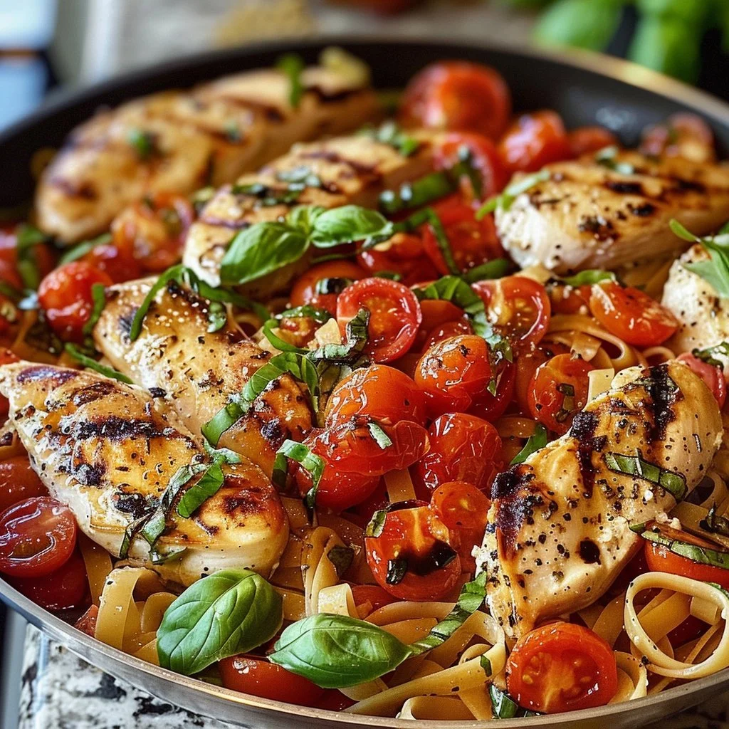 Plate of Bruschetta Chicken served with pasta and fresh basil