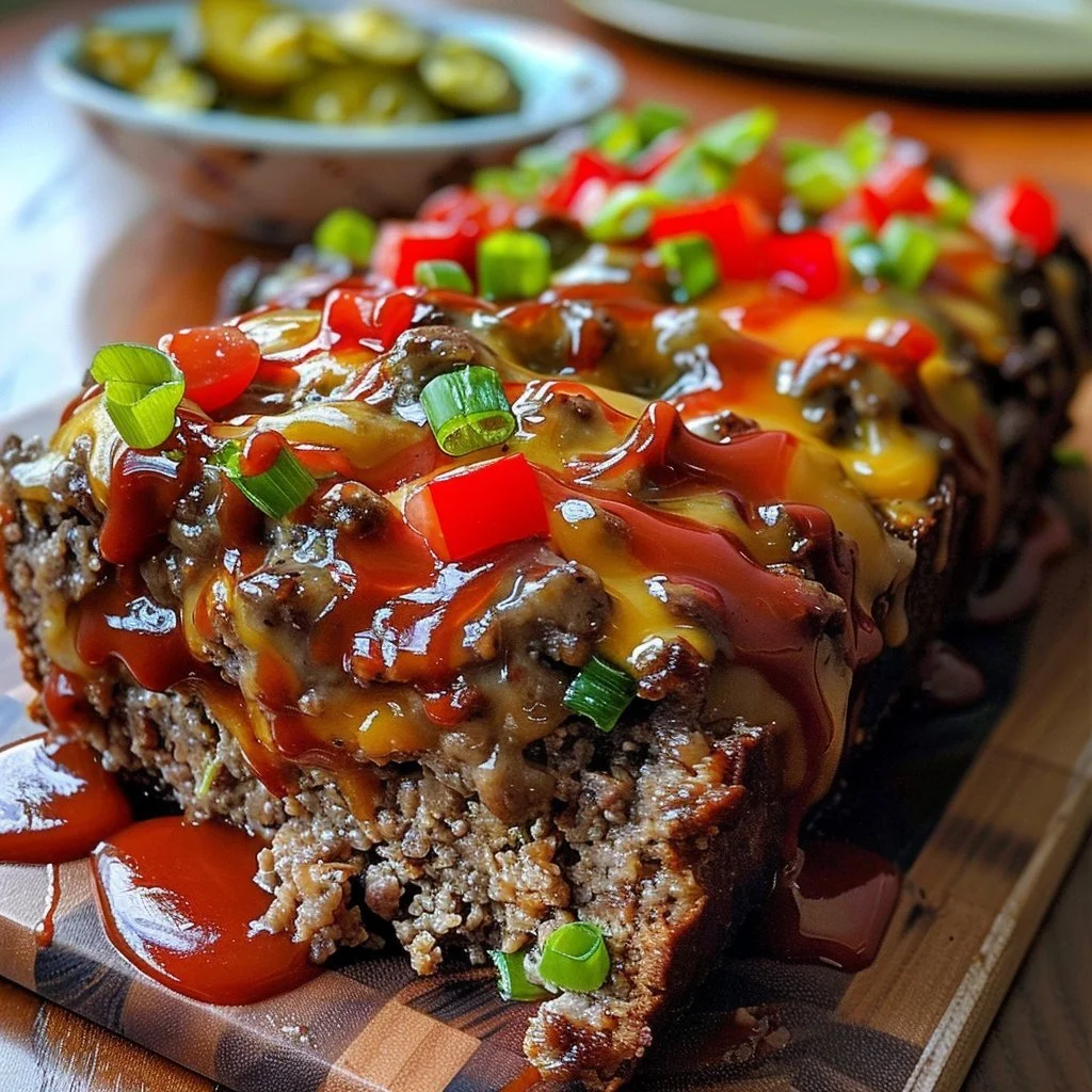 Delicious Cheesesteak Meatloaf with melted cheese and peppers on a plate
