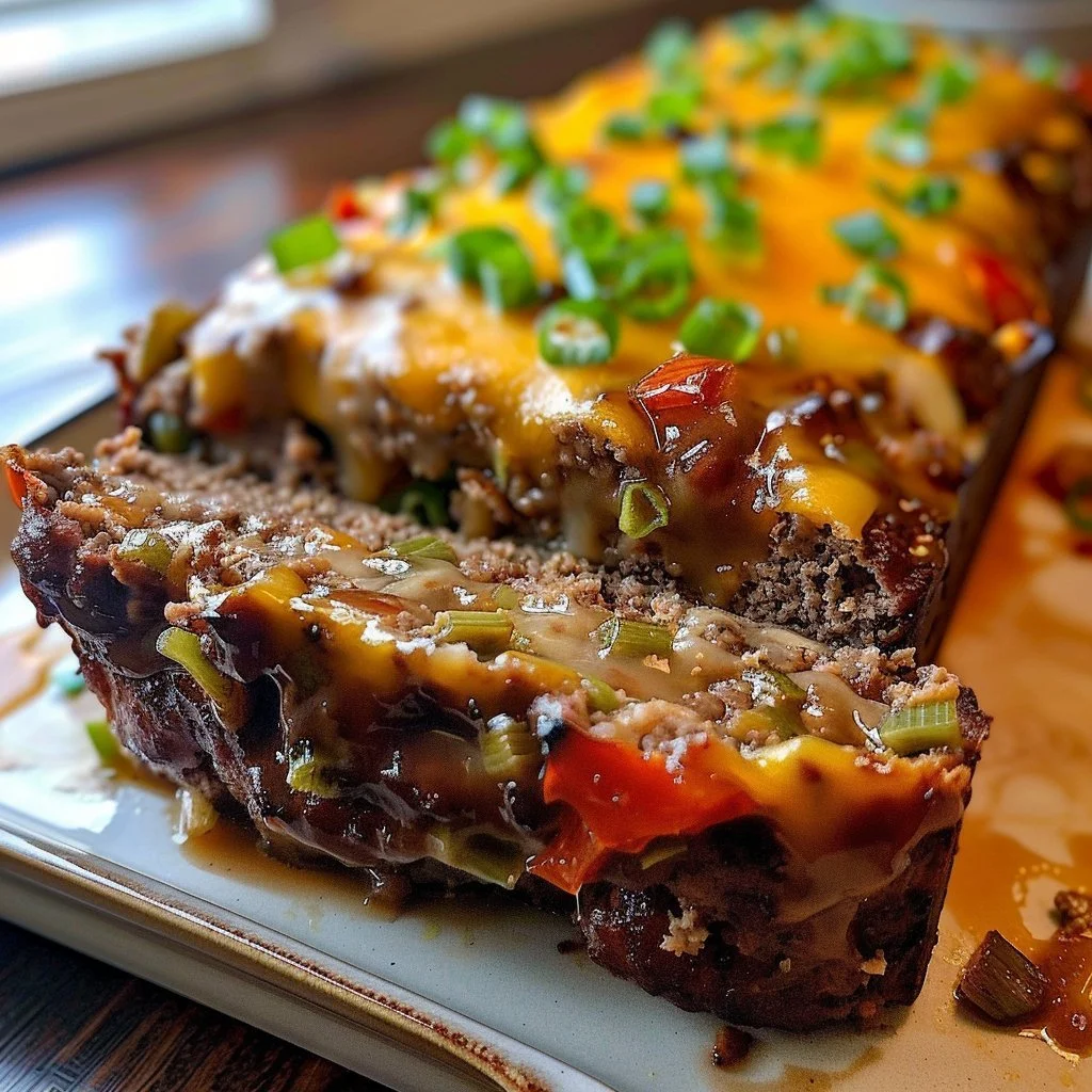 Delicious cheesesteak meatloaf ready to serve, highlighting savory ingredients.