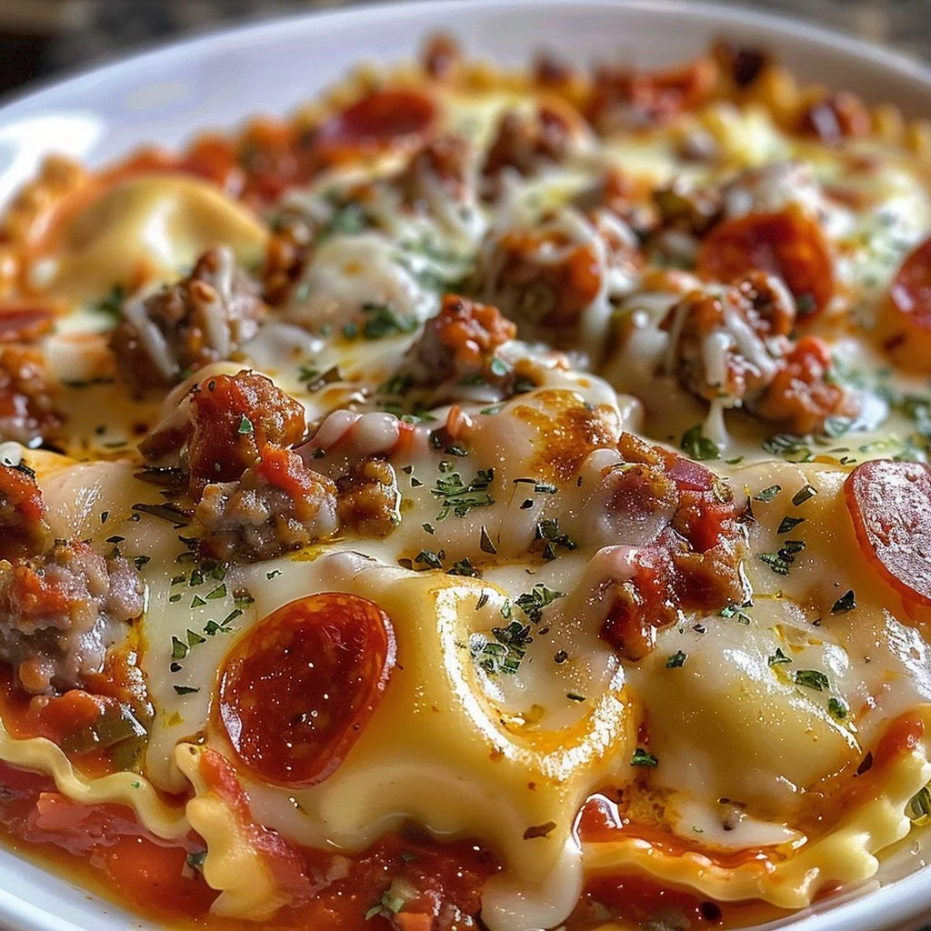 Cheesy Pizza Ravioli Bake topped with melted cheese and herbs in a casserole dish