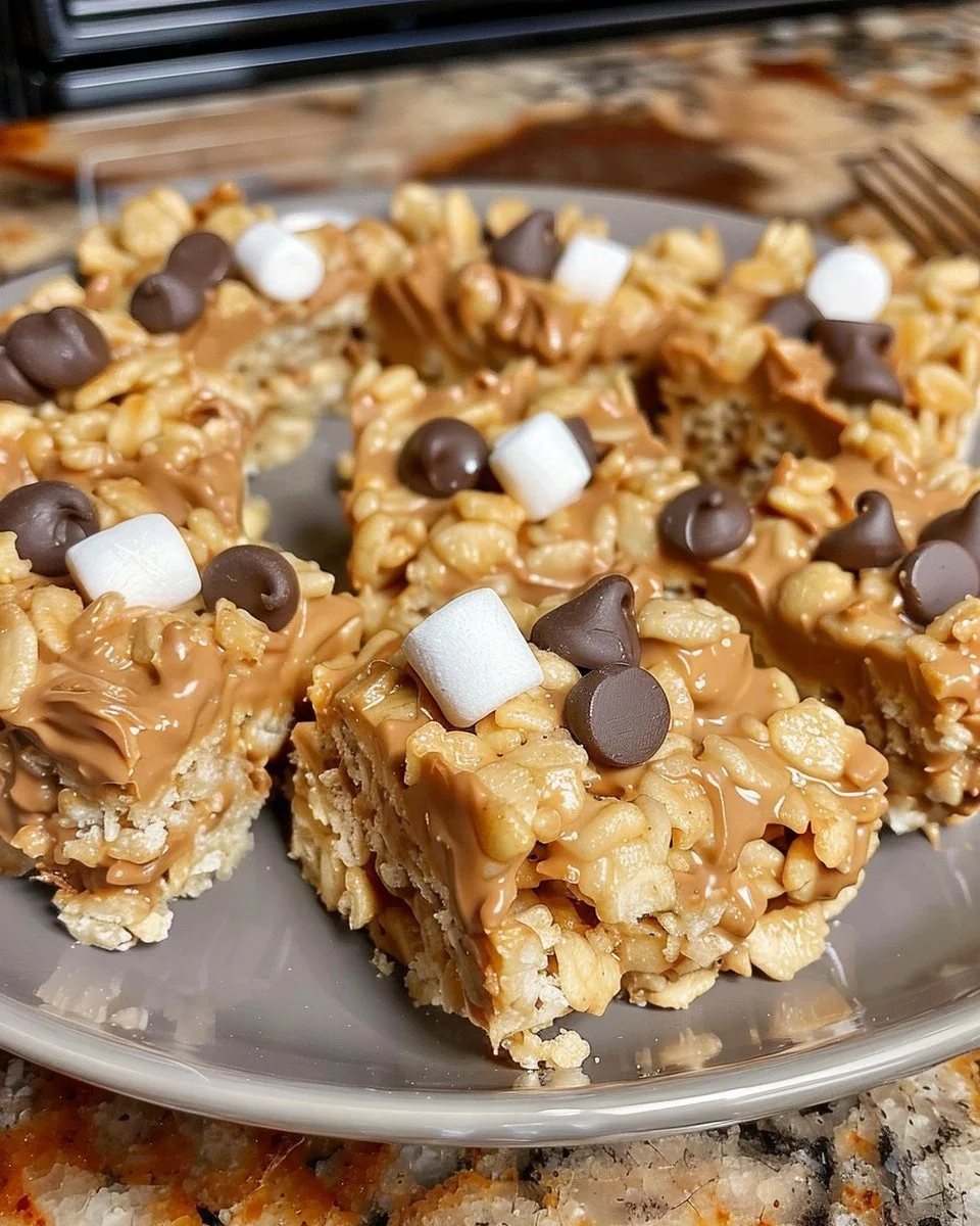 Delicious Chocolate Peanut Butter Rice Crispy Treats ready to enjoy