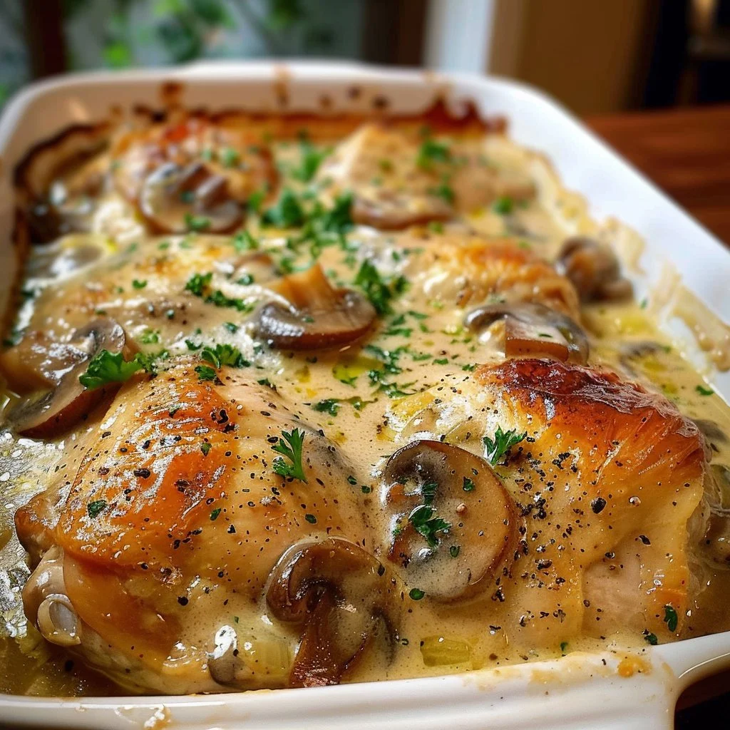 Creamy baked chicken with mushrooms in a savory sauce