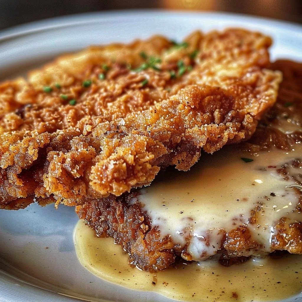 Plate of crispy buttermilk chicken fried steak with gravy and sides