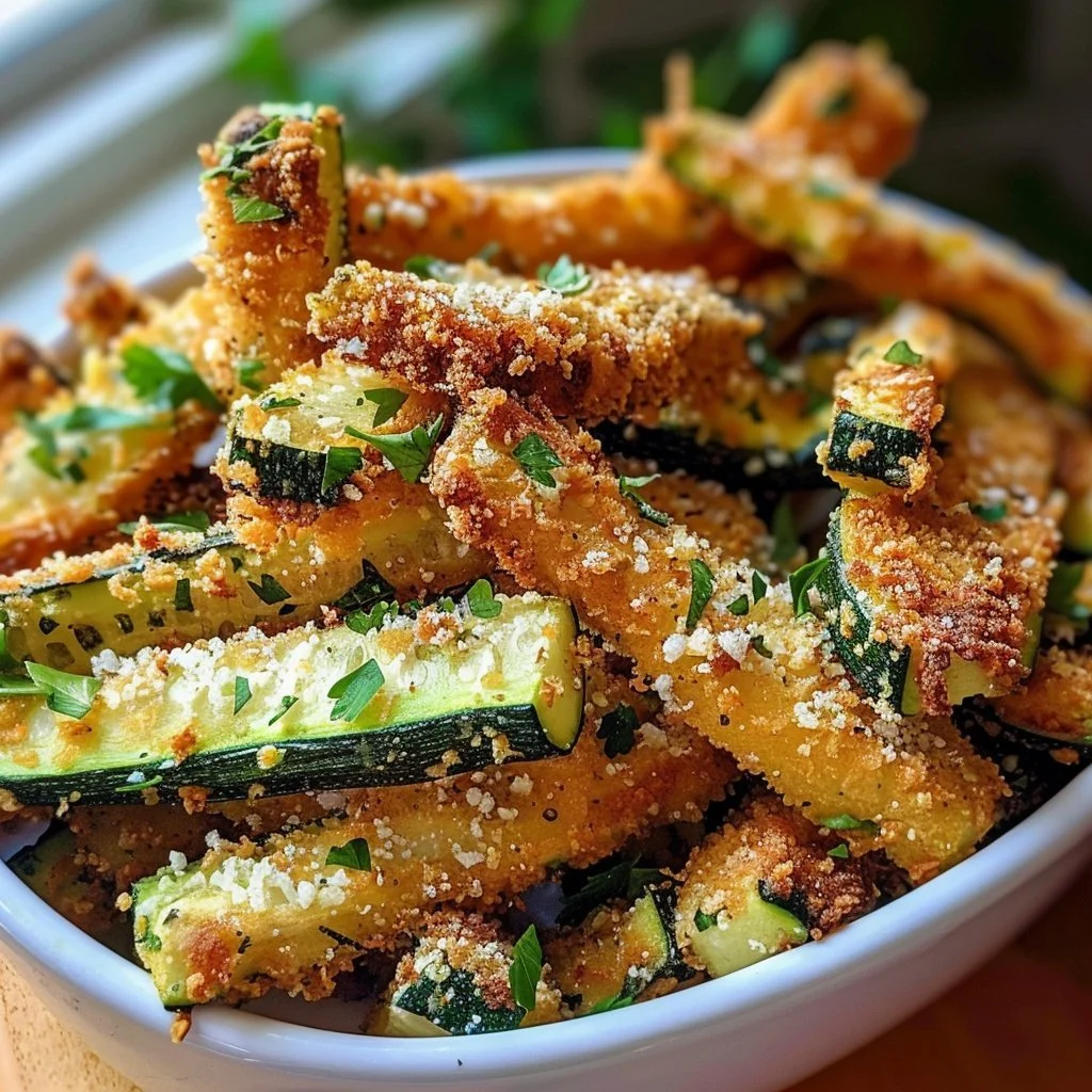 Crispy parmesan garlic zucchini fries served on a plate