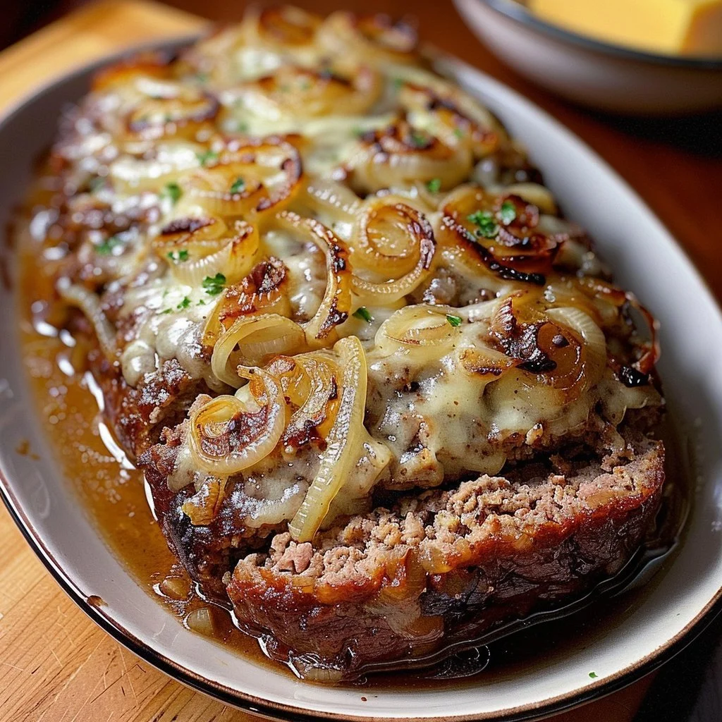 Crockpot French Onion Beefloaf with melted cheese and caramelized onions