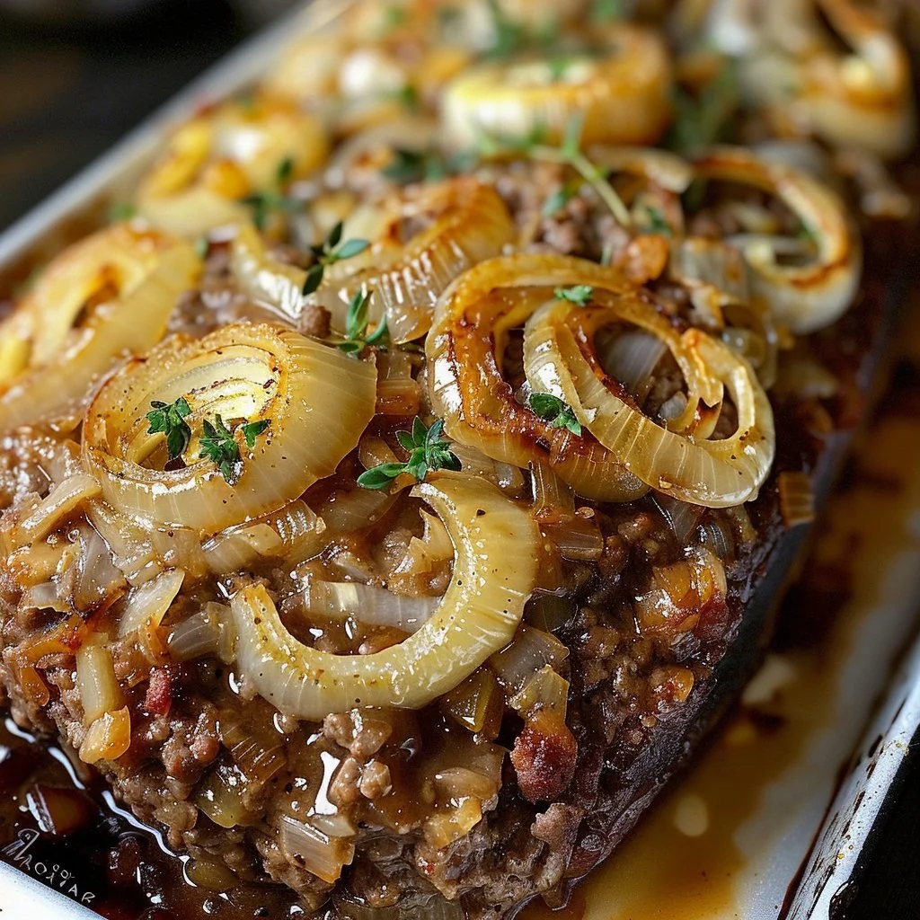 Savory Crockpot French Onion Beefloaf topped with melted cheese and caramelized onions.