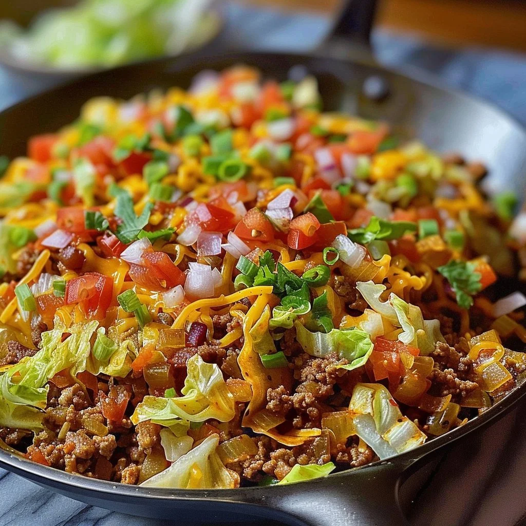 Ground beef taco cabbage skillet served in a bowl, garnished with fresh cilantro.