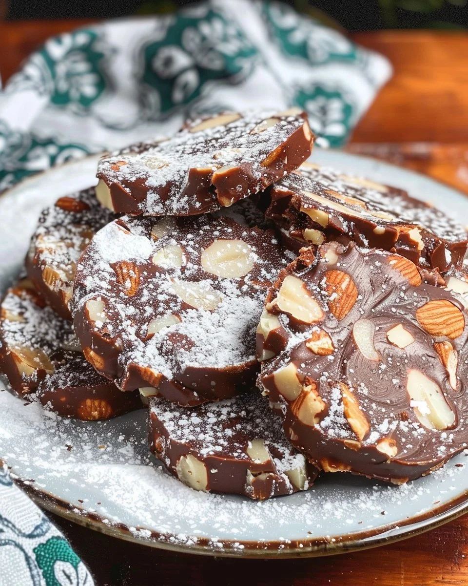 A delicious homemade Italian chocolate salami dessert on a wooden board