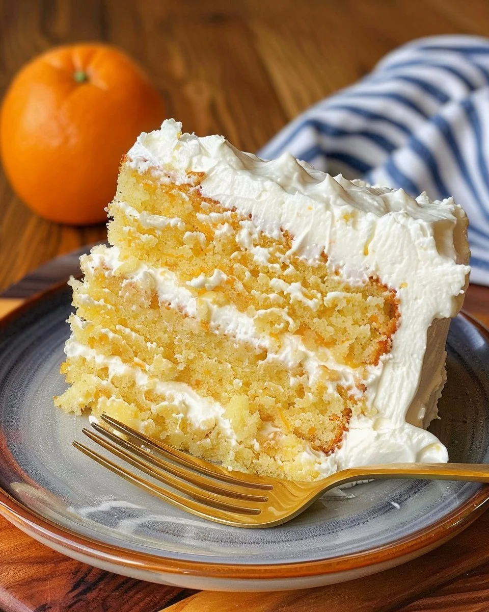 Delicious Mandarin Orange Cake topped with creamy Pineapple Frosting