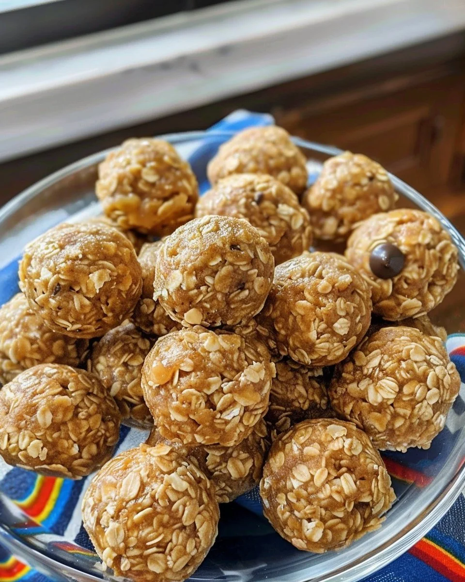Delicious homemade peanut butter balls coated in chocolate and oats.