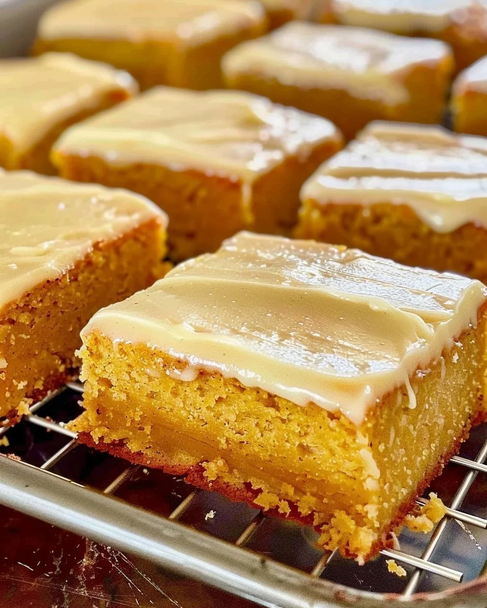 Delicious Pumpkin Sheet Cake with Brown Butter Icing served on a decorative plate.