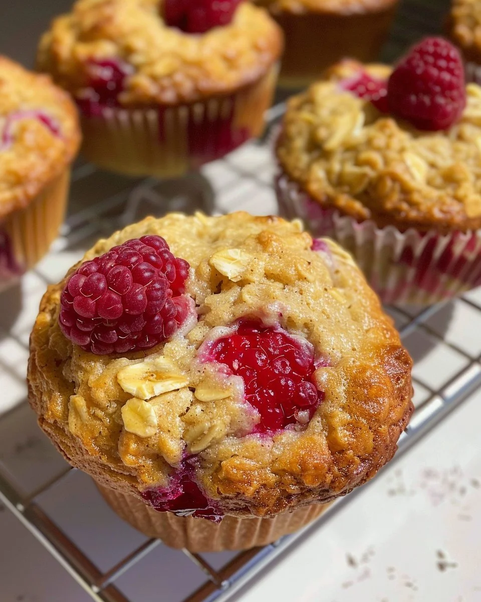 Freshly baked Raspberry Oatmeal Muffins on a wooden table