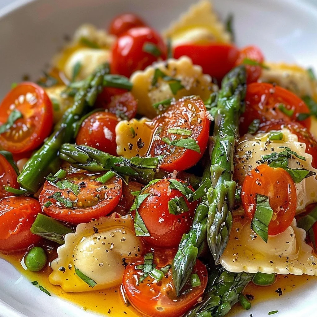 Ravioli with tomatoes, asparagus, and herbs served in a plate