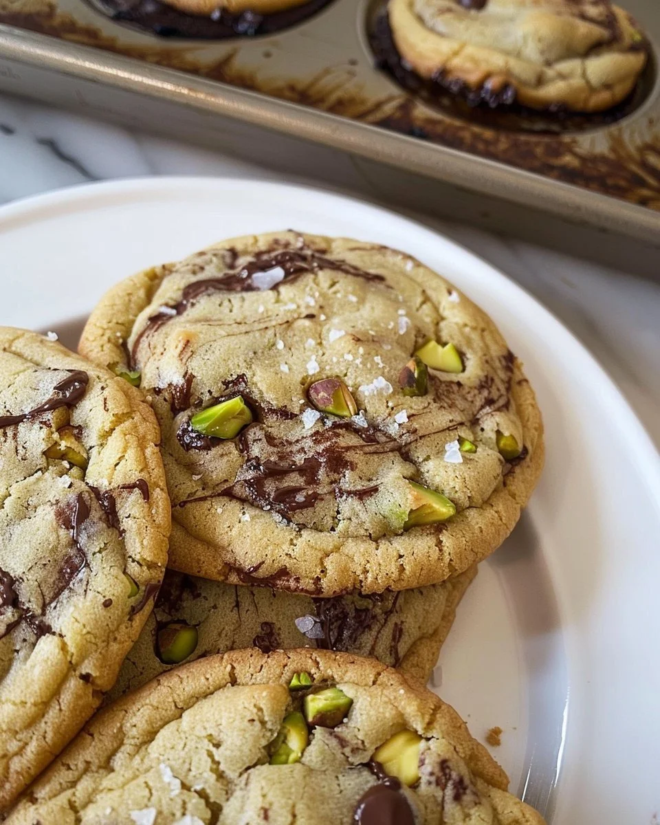 Salted pistachio dark chocolate chip cookies on a baking tray