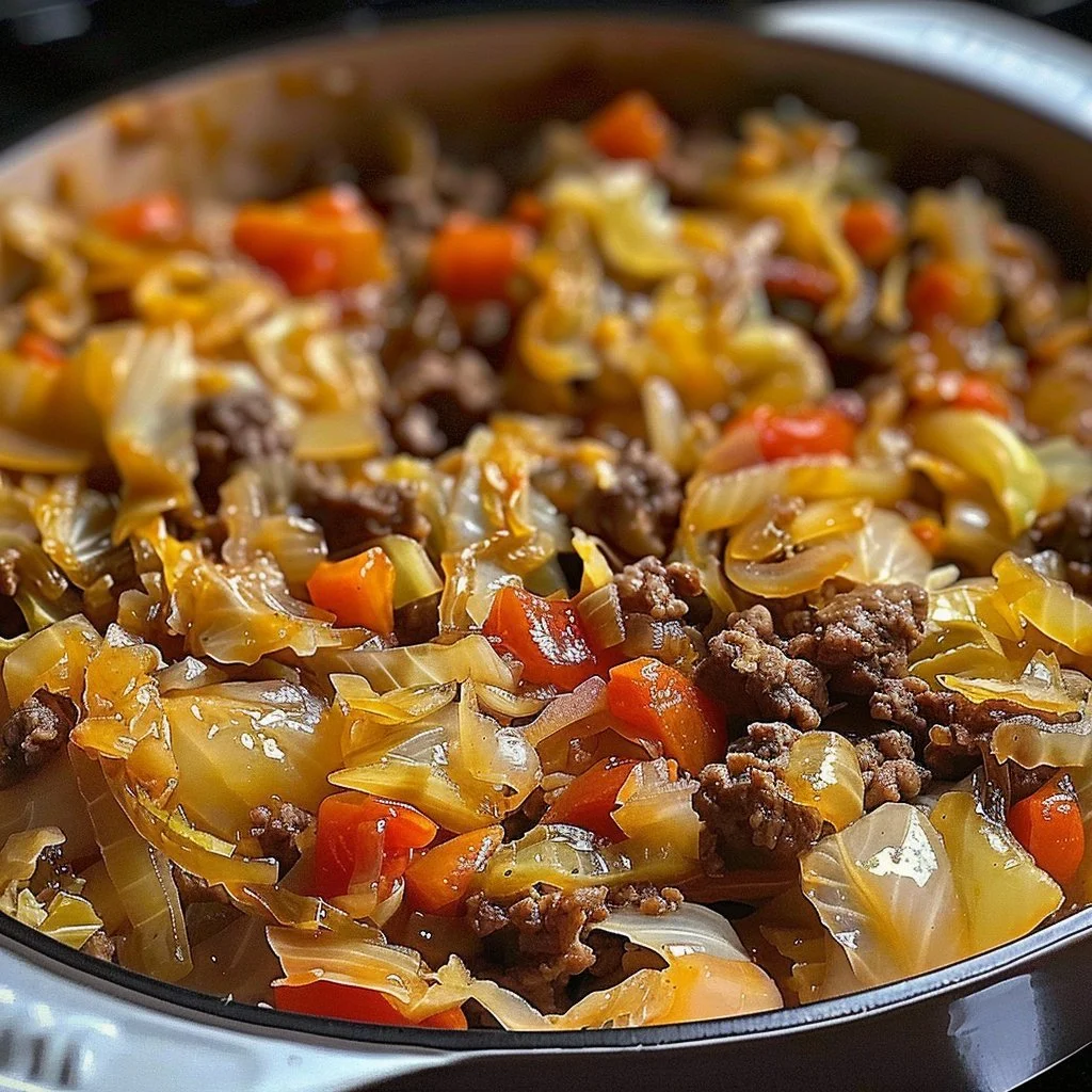 Savory Cabbage Beef Bake served in a casserole dish with fresh herbs