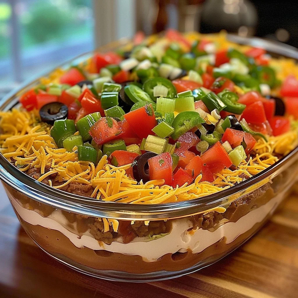 Seven-Layer Taco Dip served in a colorful dish for appetizers
