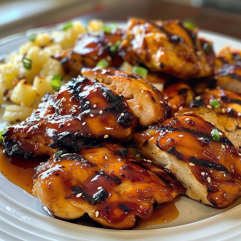 Delicious sweet grilled teriyaki chicken on a barbecue grill.