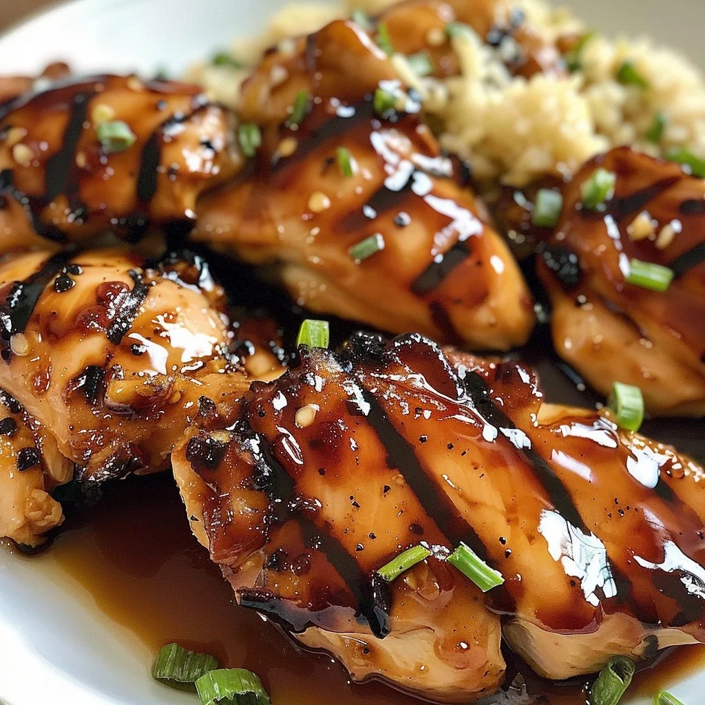 Delicious sweet grilled teriyaki chicken served with vegetables