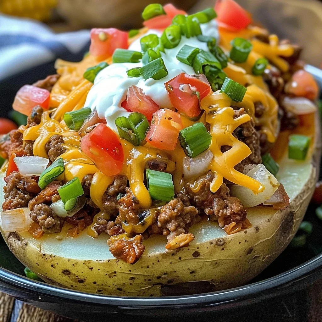 Taco Loaded Baked Potatoes topped with cheese, sour cream, and herbs.