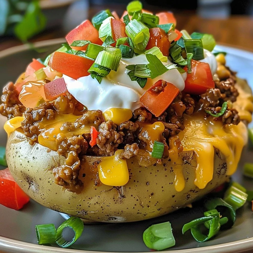 Delicious Taco Loaded Baked Potatoes topped with cheese and salsa
