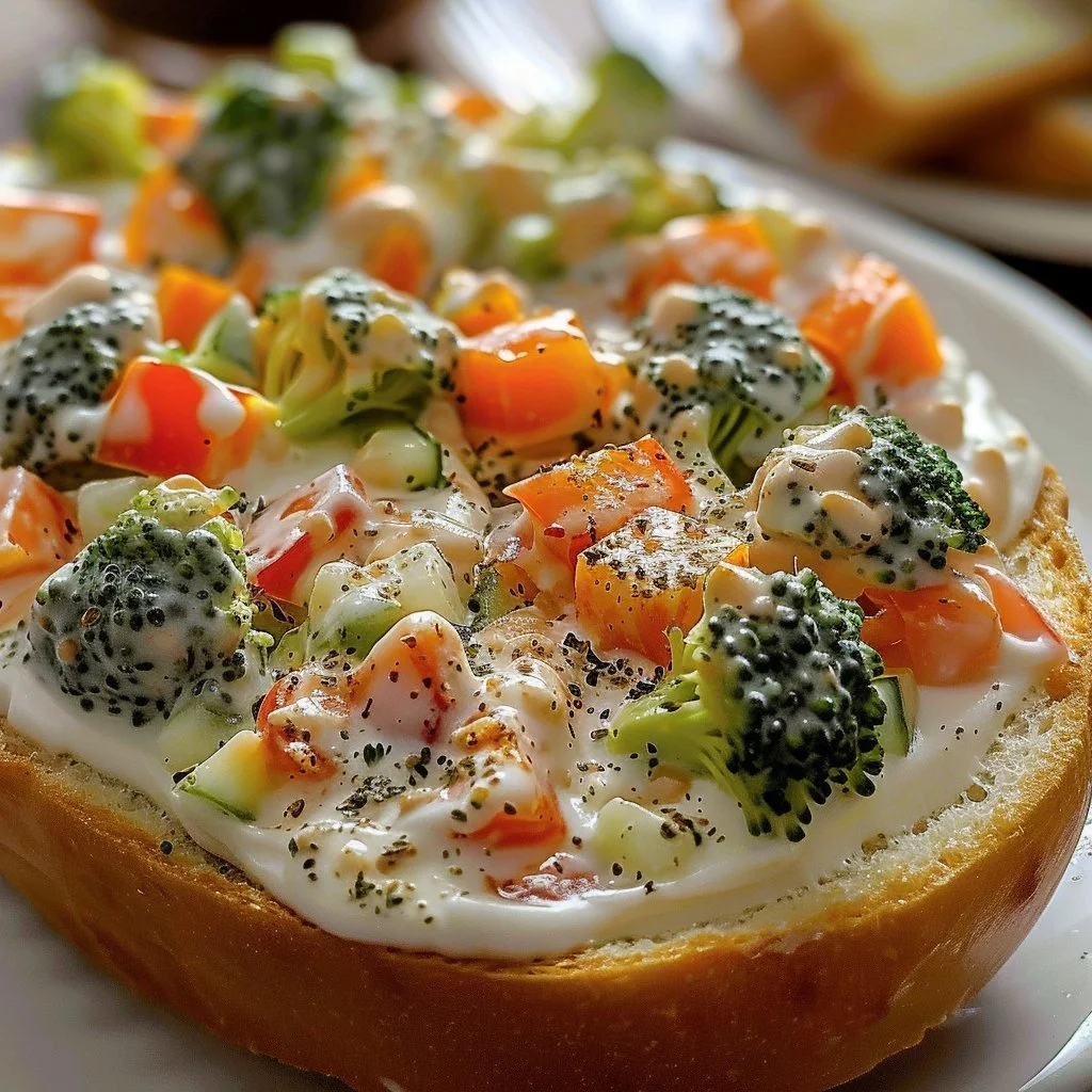 Delicious veggie cream cheese spread on a toasted bagel with fresh vegetables